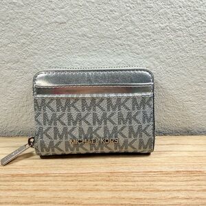 Michael Kors Jet Set Small Metallic Silver MK Logo Zip Around Wallet